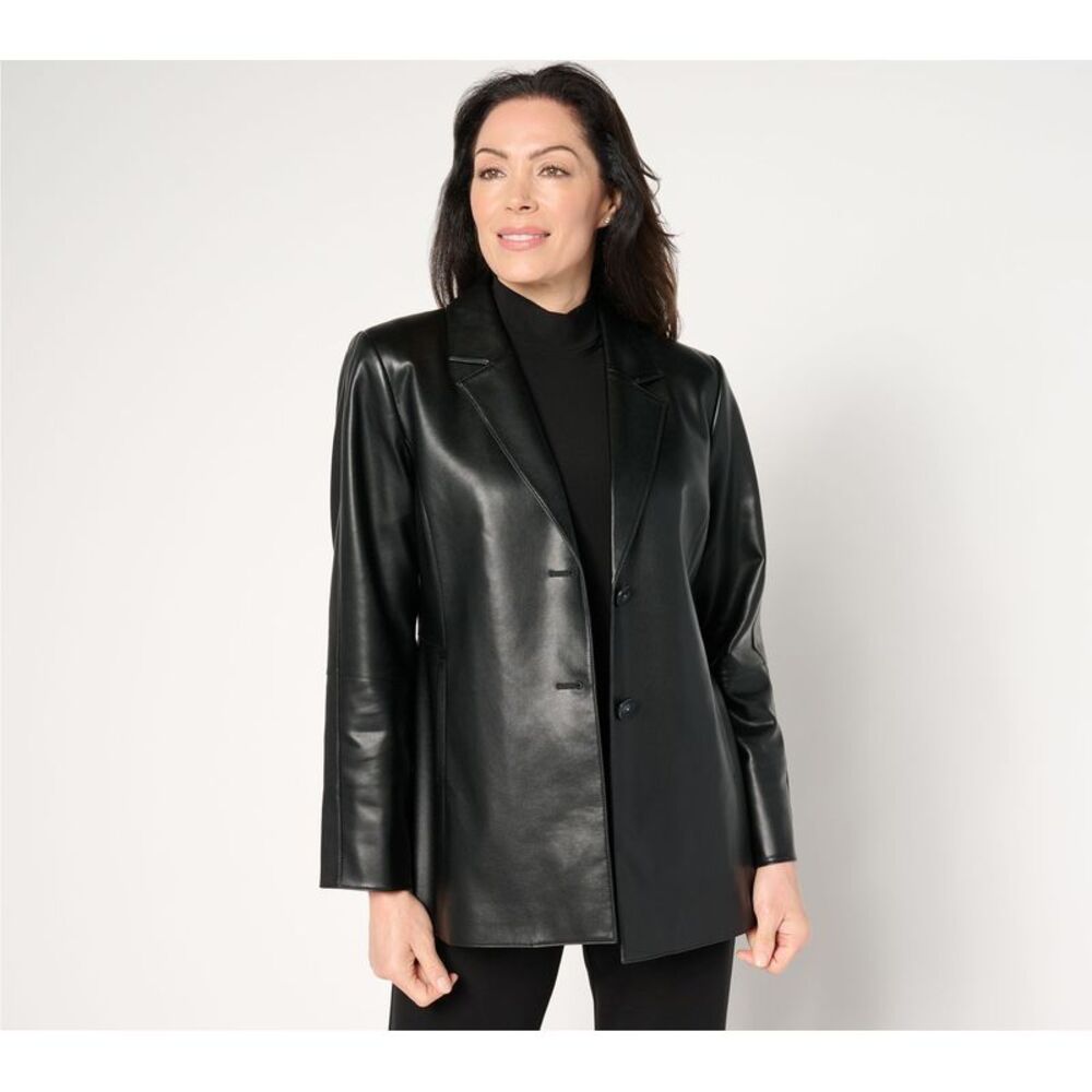 dennis basso Black Leather Notch Lapel Blazer